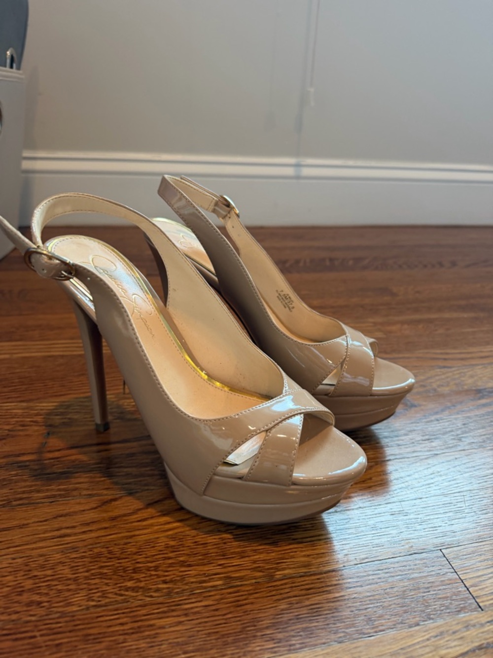 Jessica Simpson Nude Patent Peep-Toe Slingback Platform Heels